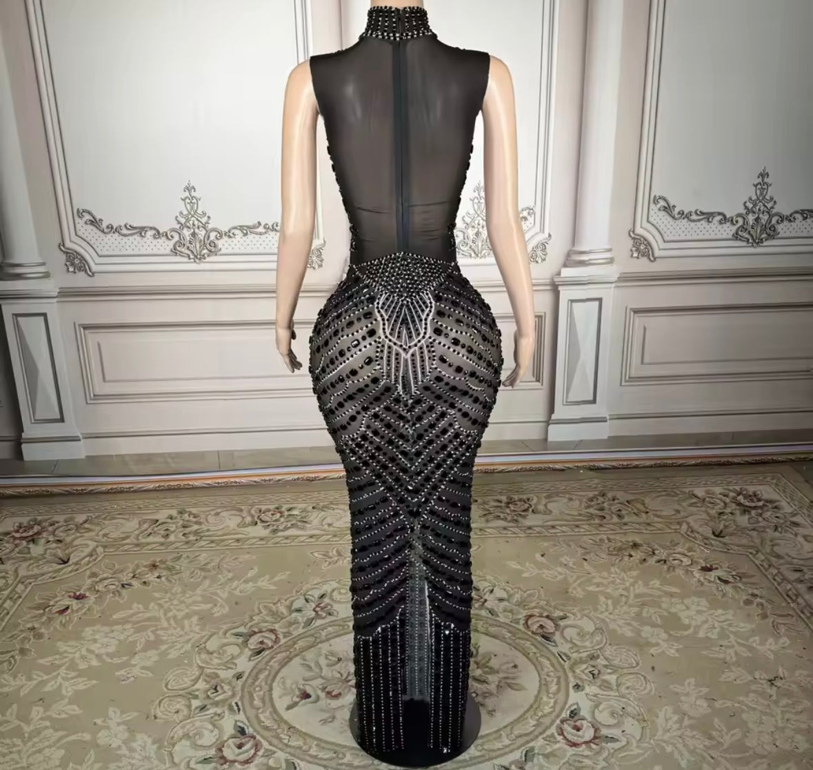 Sexy Sleeveless Black Rhinestone Embellishment Maxi Dress