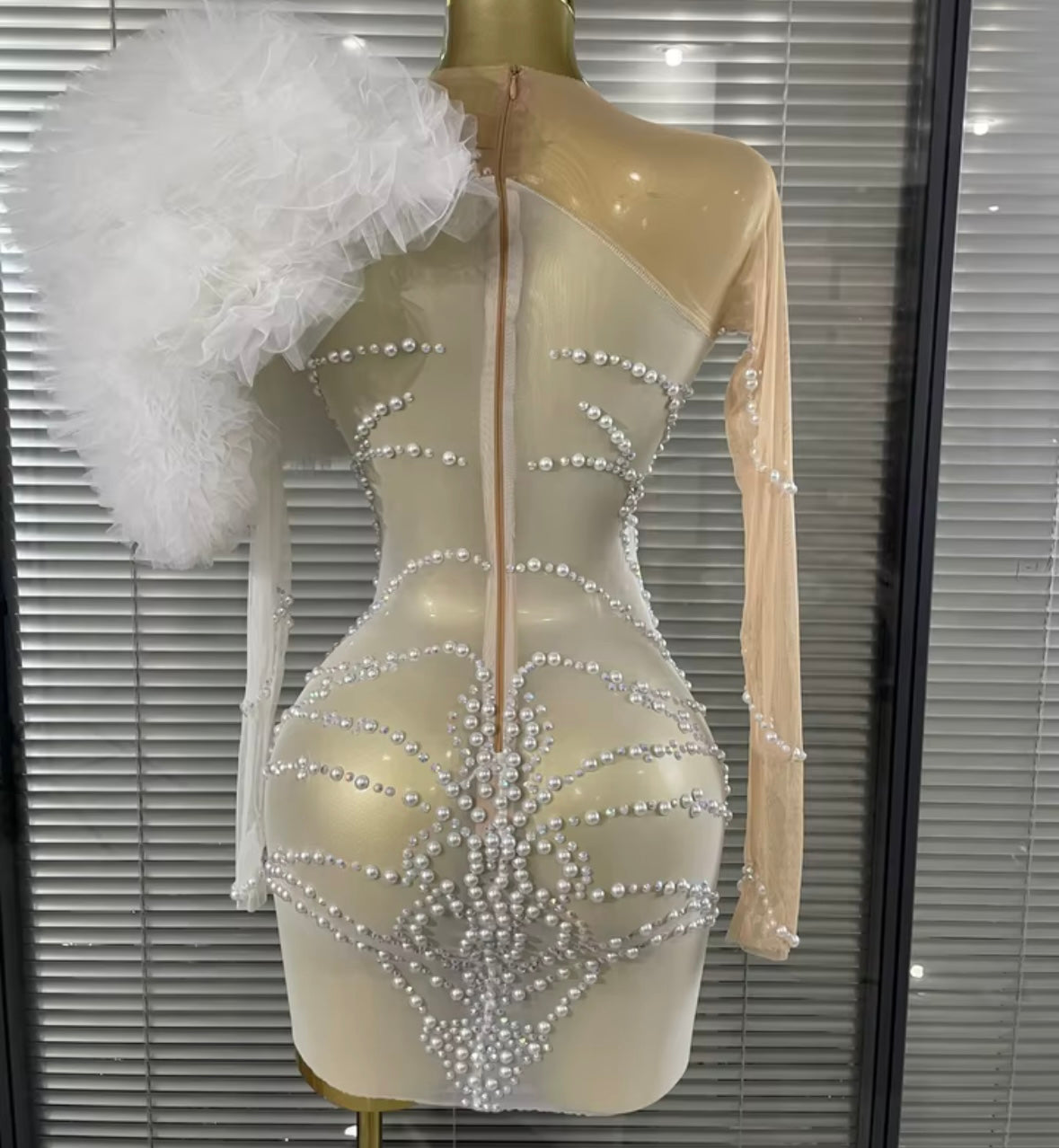 Sexy Beaded Ruffle Full Sleeve See Through Dress