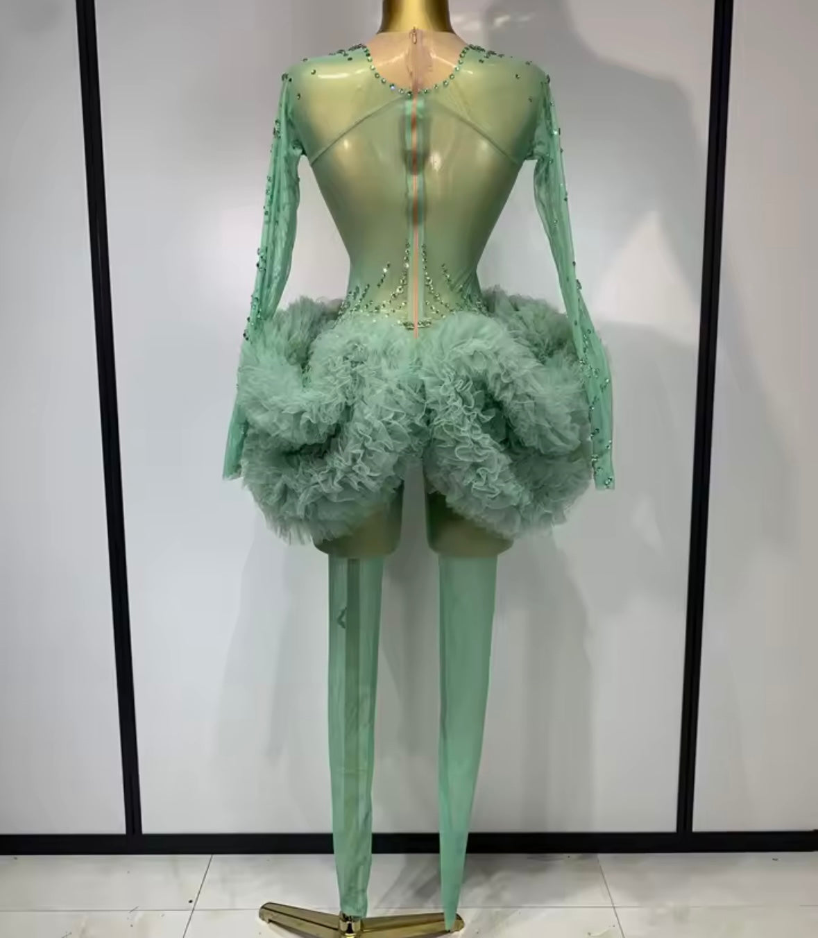 Green See Through Rhinestone Ruffle Full Sleeve Jumpsuit