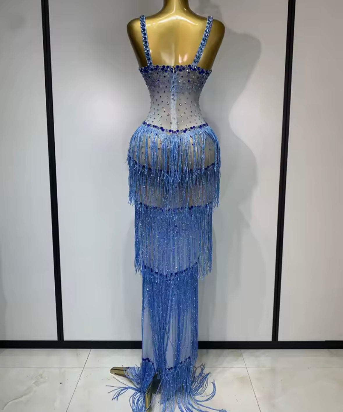 Sexy Blue Rhinestone Fringe Tassel Floor-Length Dress
