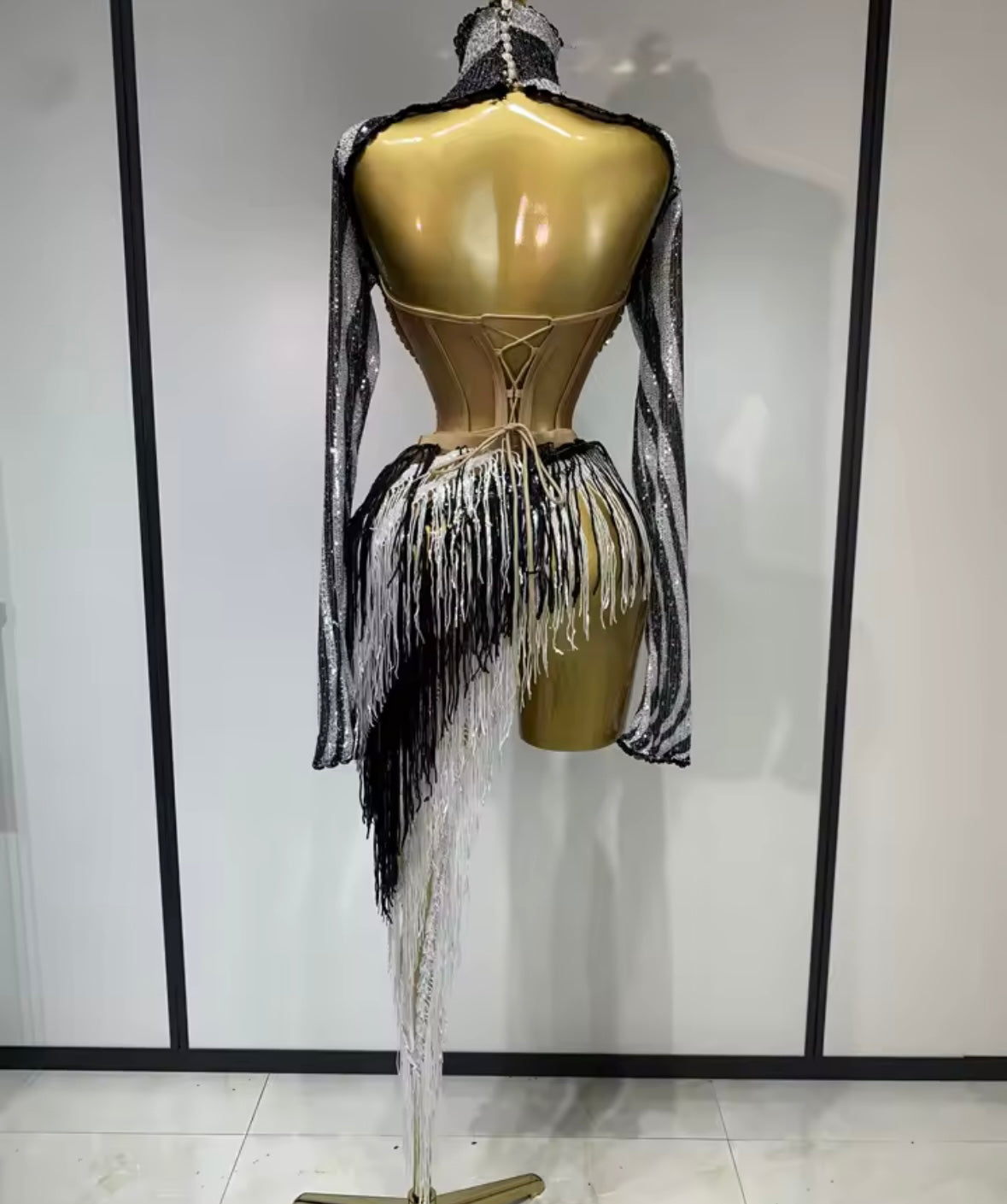 Sexy Striped Rhinestone Full Sleeve Fringe Tassel Skirt Set