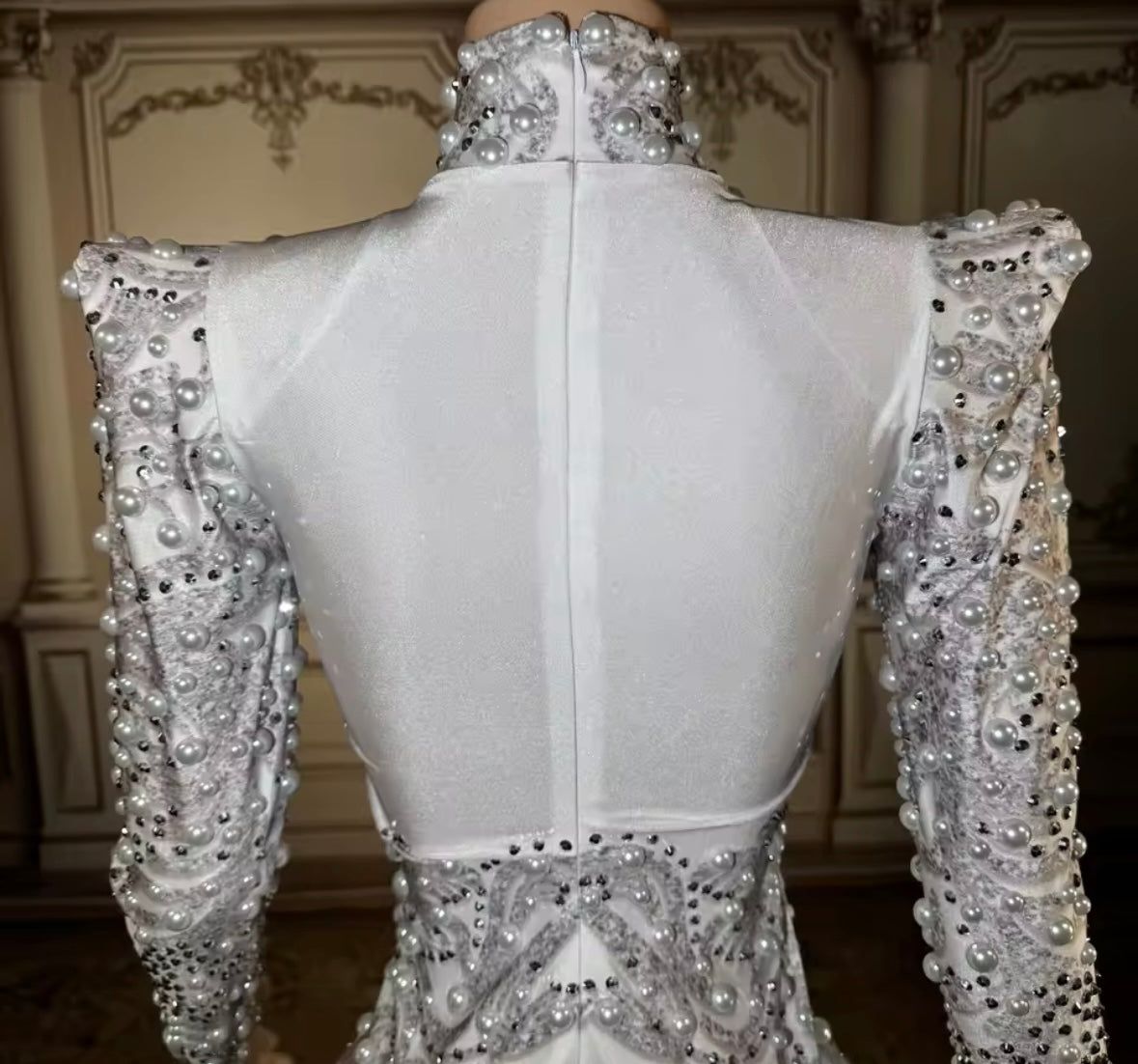 Women White Sexy Beaded Rhinestone Full Sleeve Dress