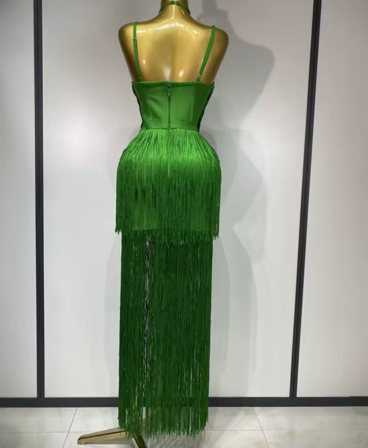 Green Halter Elegant Fringe Tassel Maxi Dress