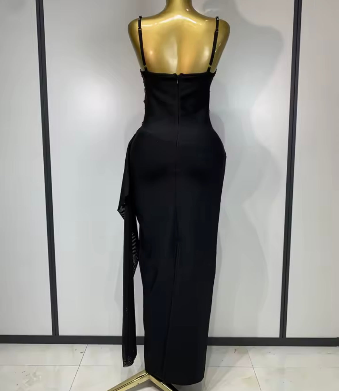 Black Sleeveless Floral Beaded Ruche Tassel Maxi Dress