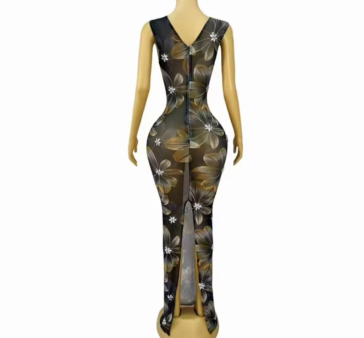 Sexy Black See Through Floral Floor-Length Dress