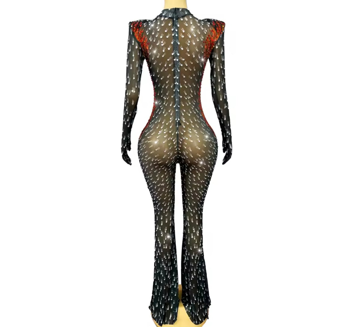 Sexy Rhinestone Glove Full Sleeve See Through Jumpsuit