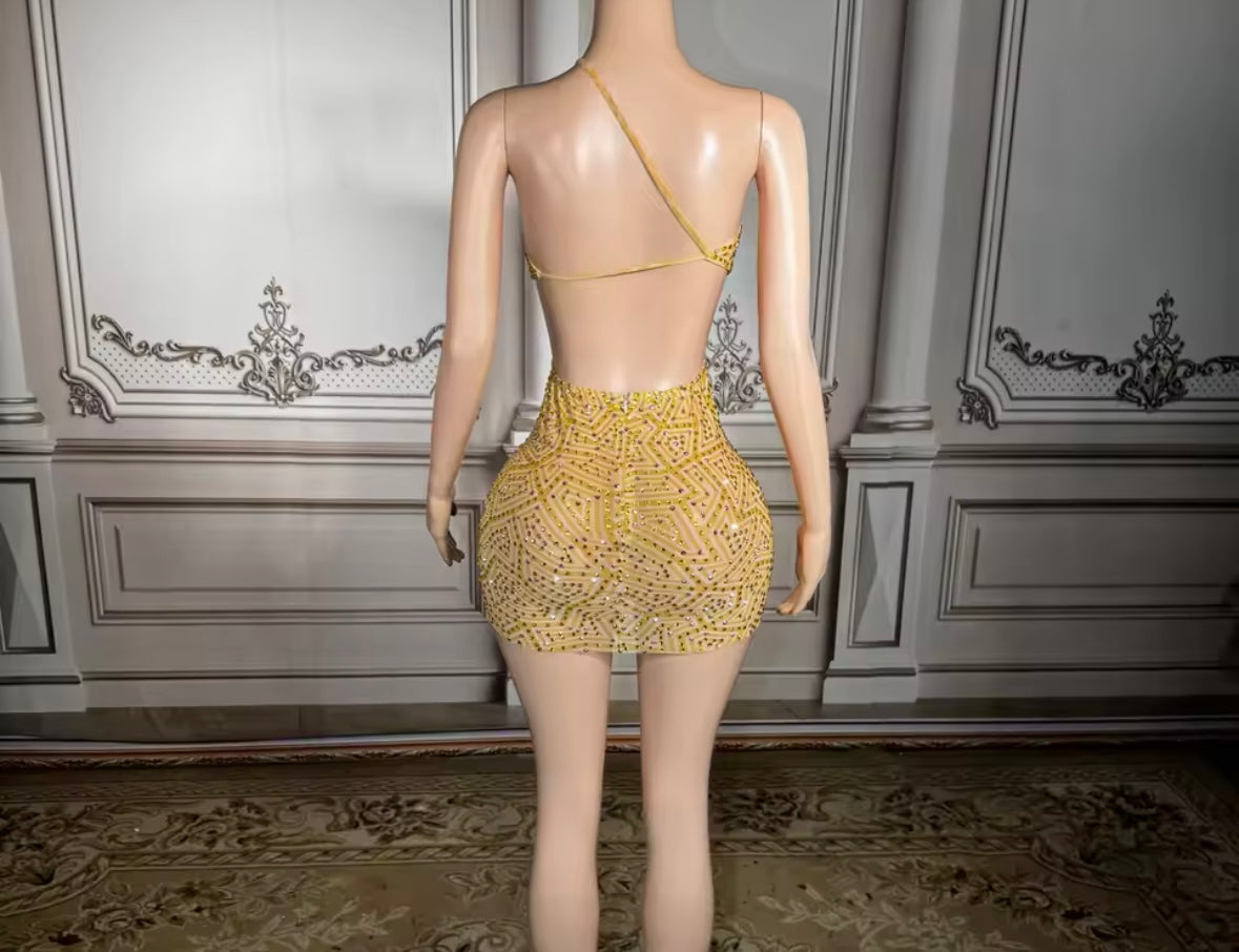 Sexy One Shoulder Sleeveless Open Back Rhinestone Dress