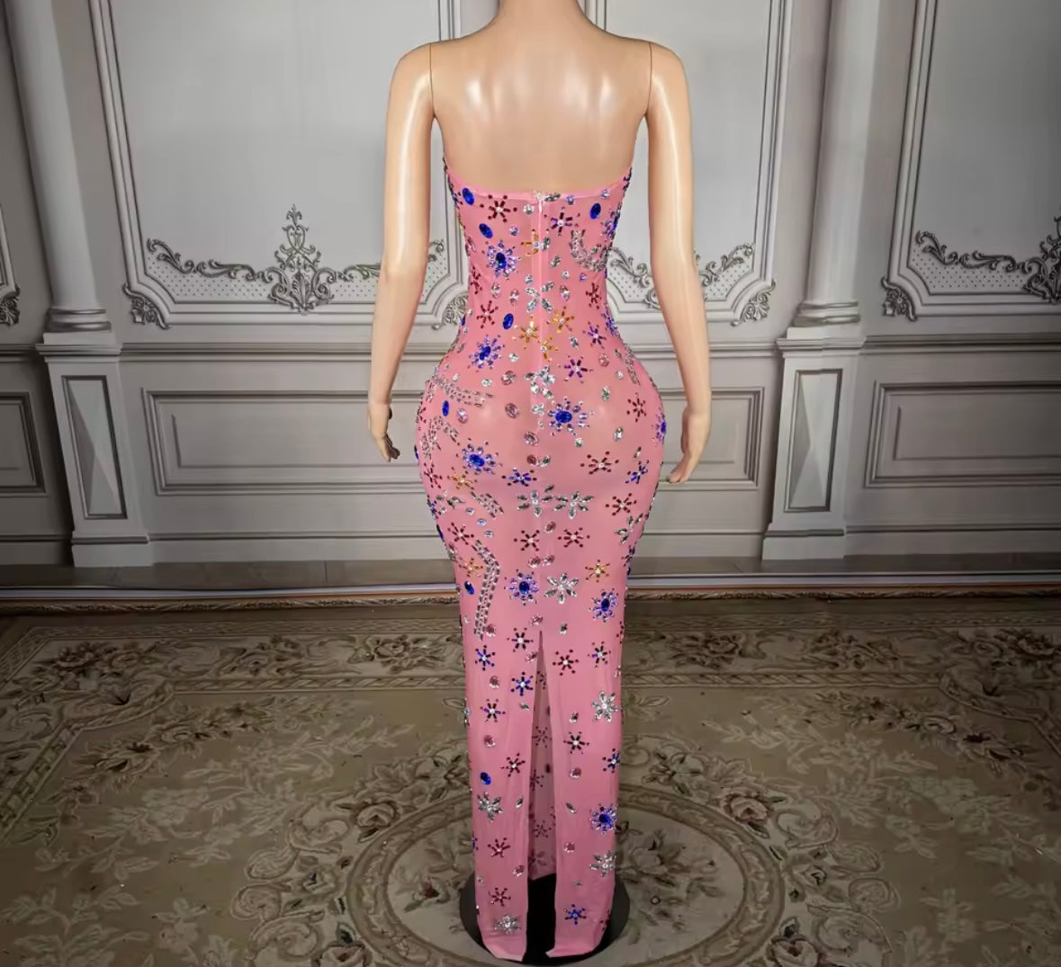 Pink Sexy Strapless Crystal Rhinestone Maxi Dress