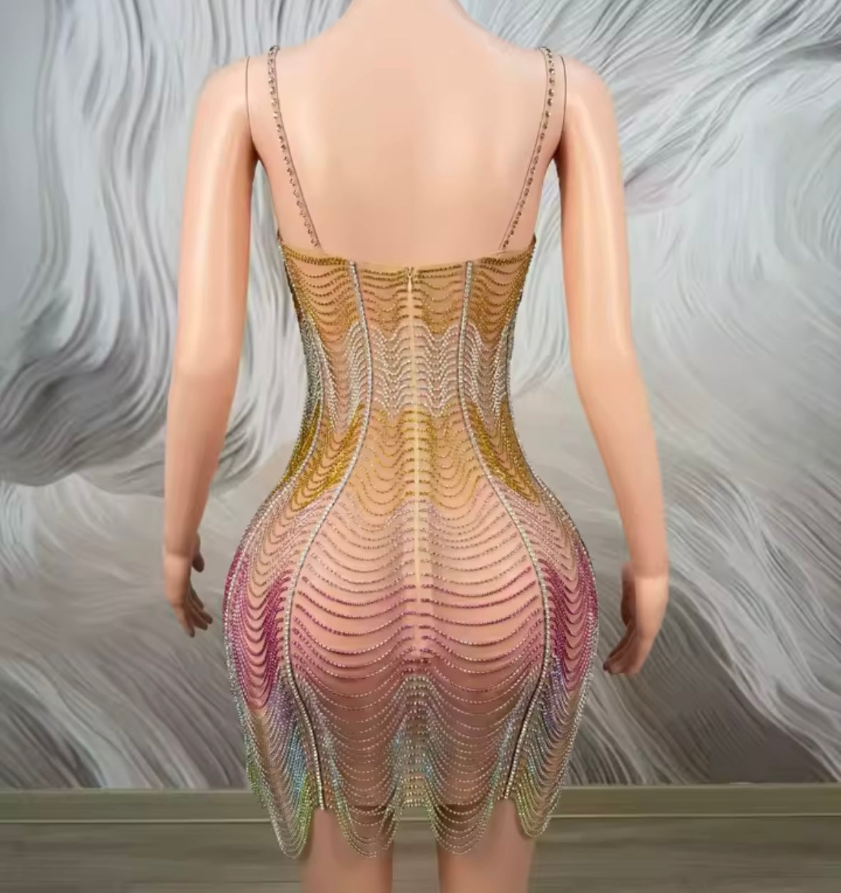Sexy Sleeveless Multicolored Rhinestone Chain Dress