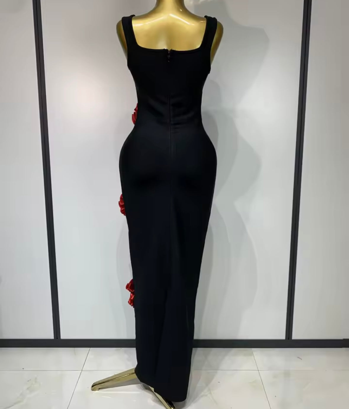 Black Sexy Sleeveless 3D Floral Rhinestone Maxi Dress