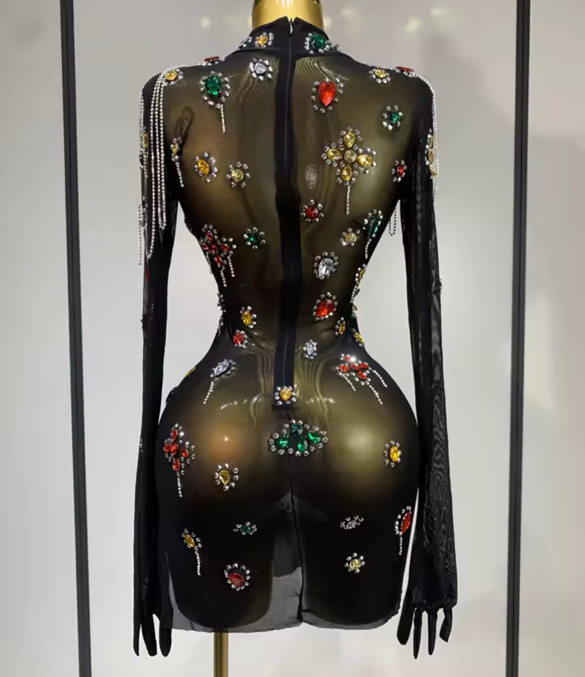 Sexy Black Crystal Rhinestone Chain Glove Full Sleeve Dress