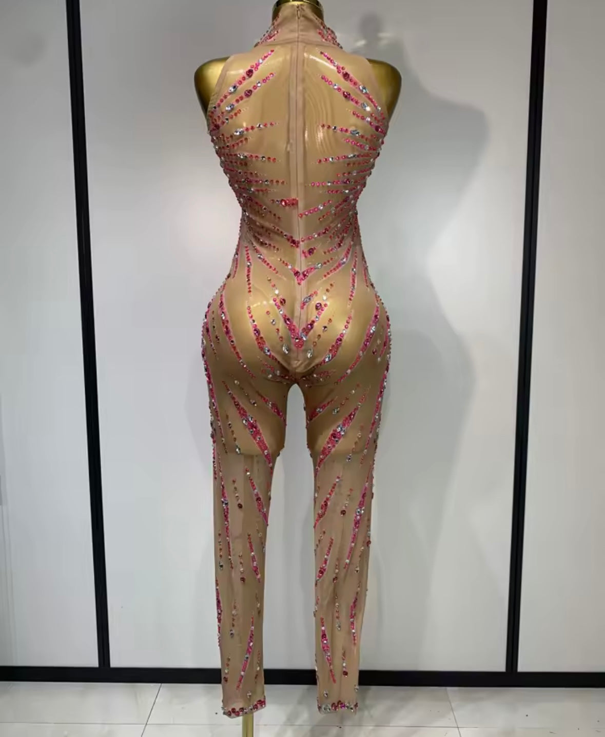Sleeveless Color Rhinestone Sexy Mesh Jumpsuit