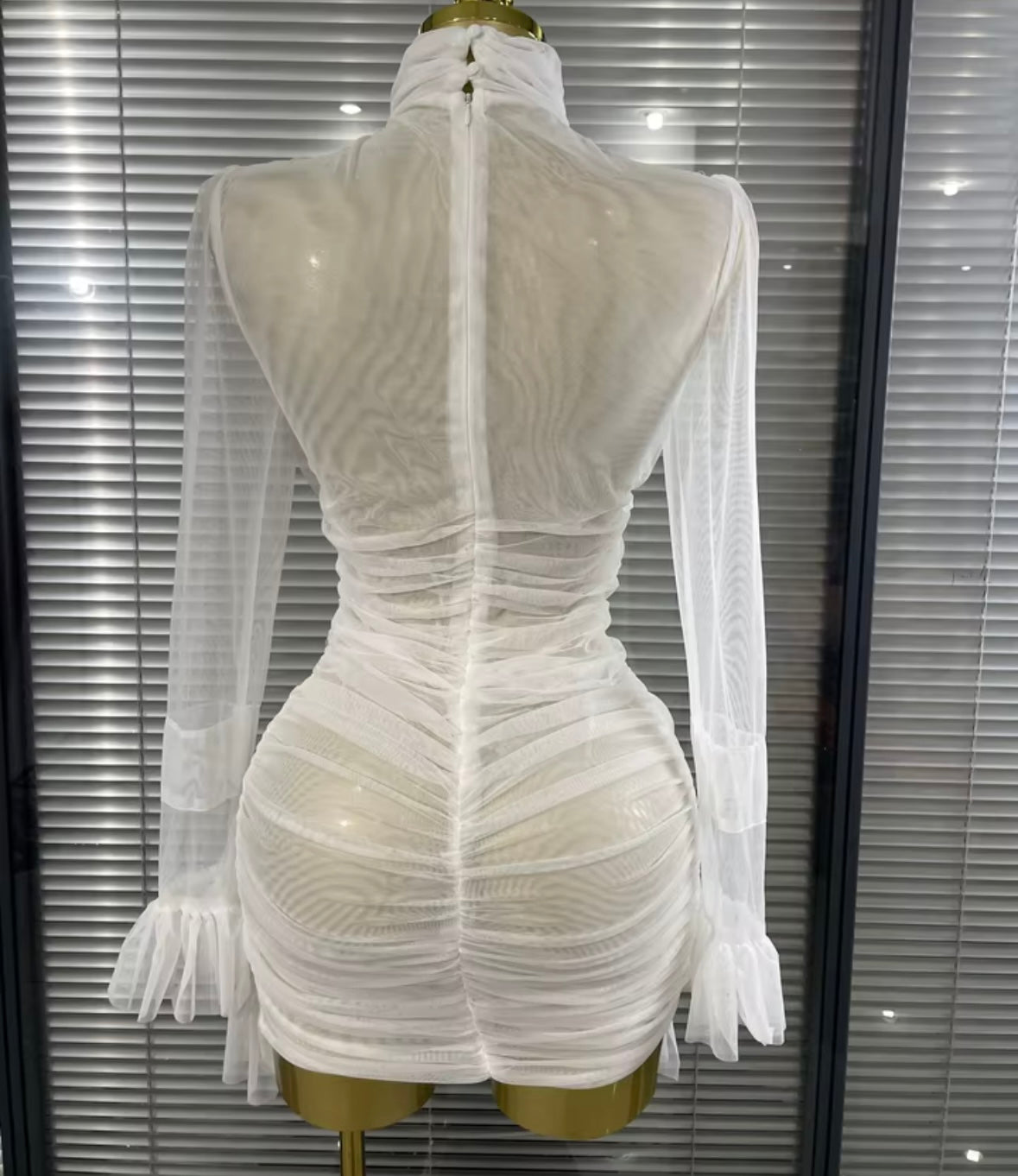 White Sexy See Through Ruched Ruffle Full Sleeve Dress