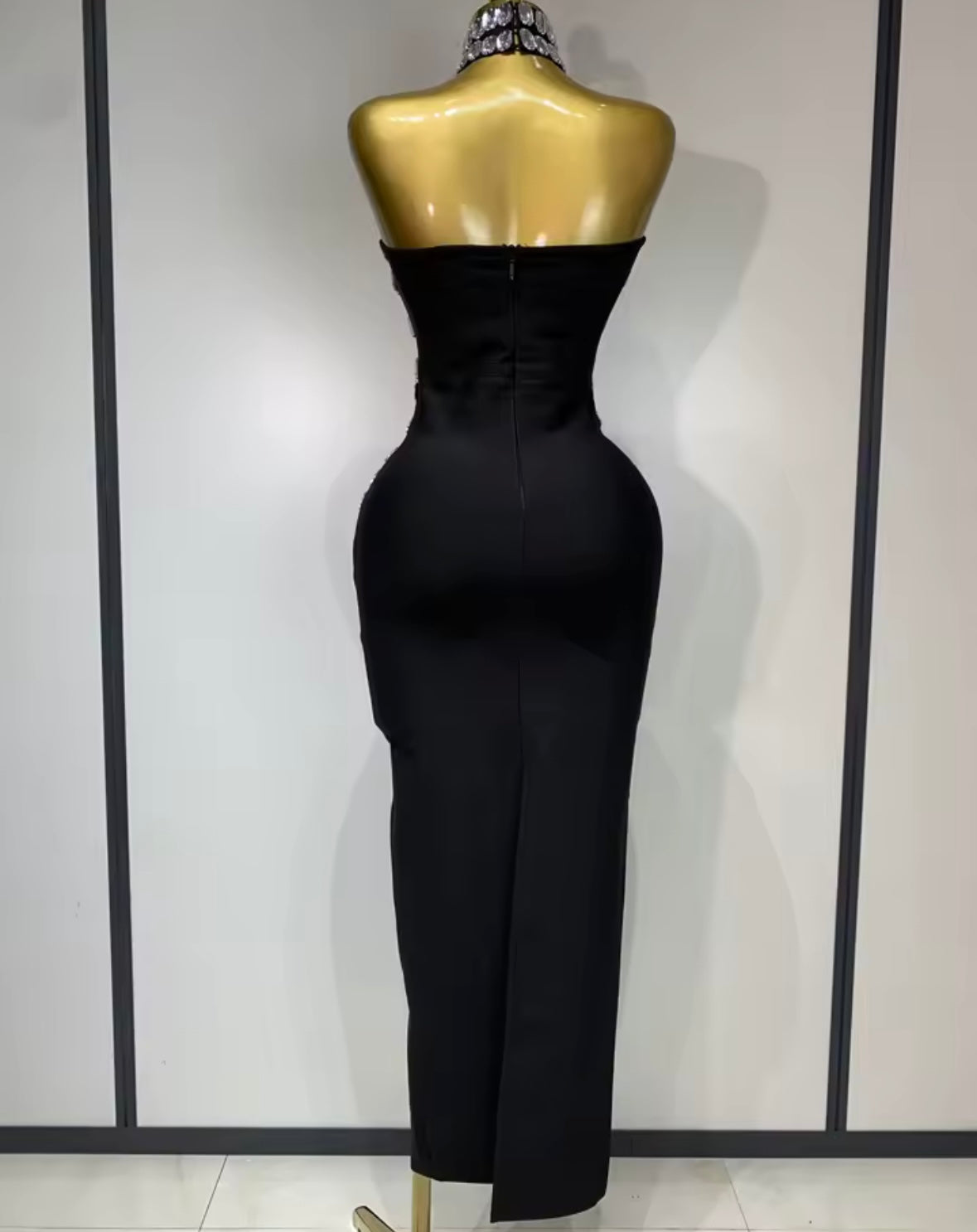 Sexy Crystal Choker Strapless Black Maxi Dress