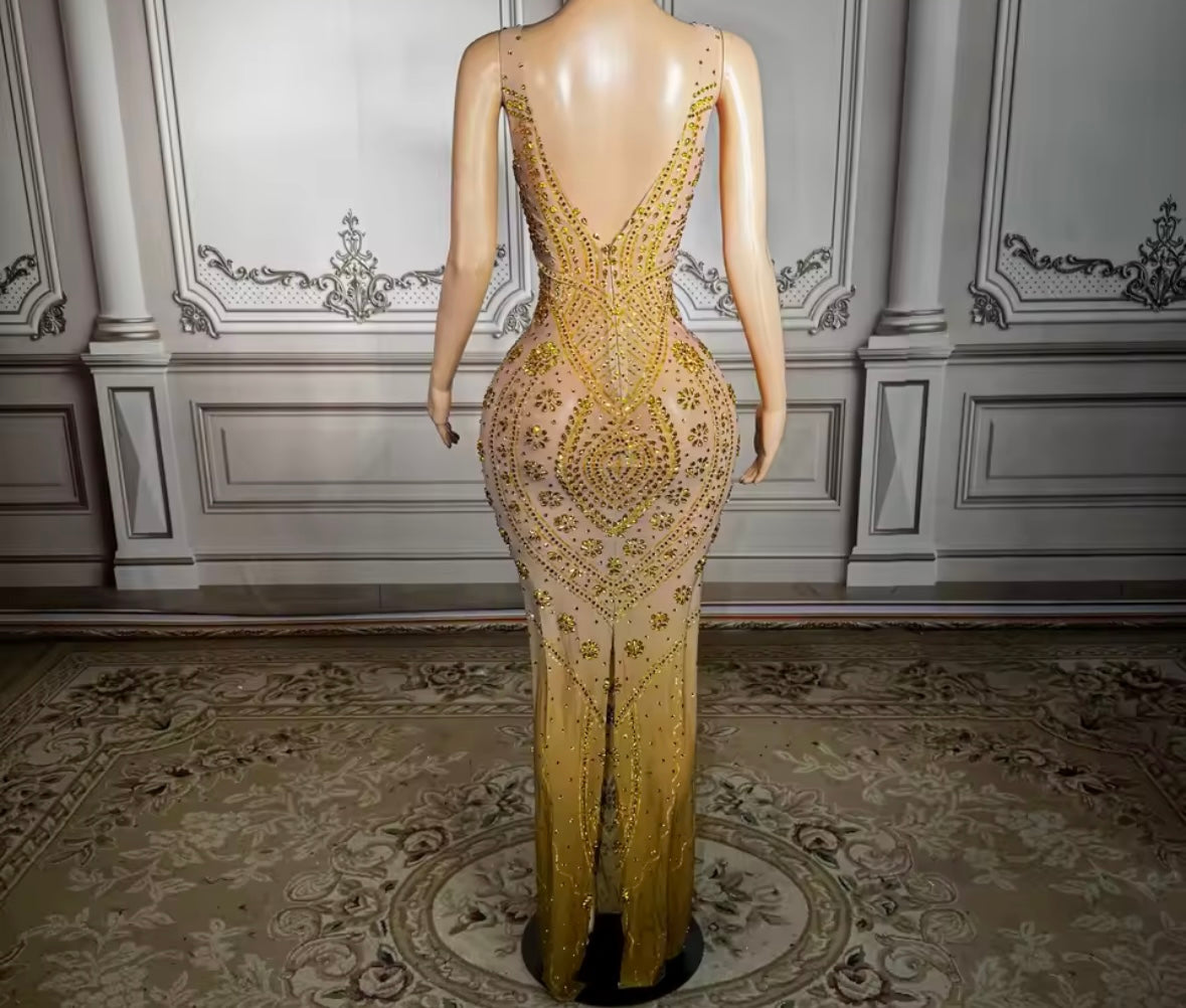 Gold Rhinestone Embellishment See Through Sleeveless Maxi Dress