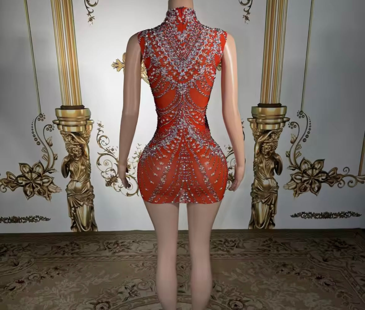 Red Sexy Sleeveless Rhinestone Embellishment Dress