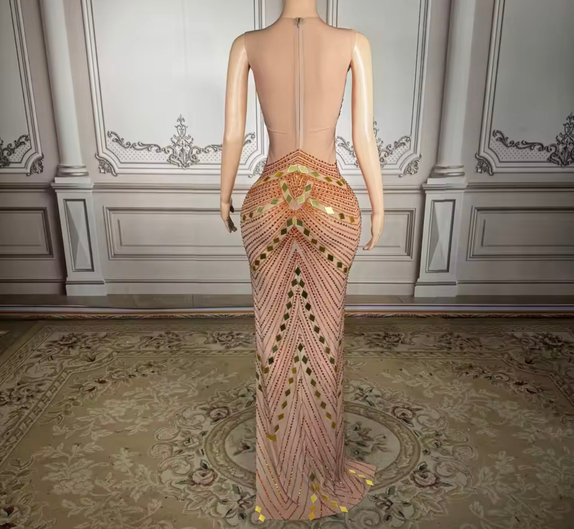 Sexy Sleeveless Rhinestone Sequins Side Split Maxi Dress