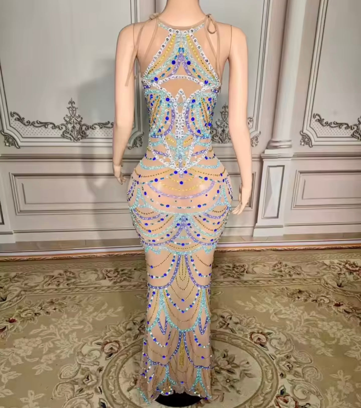 Sexy Halter Sleeveless Beaded Rhinestone Maxi Dress