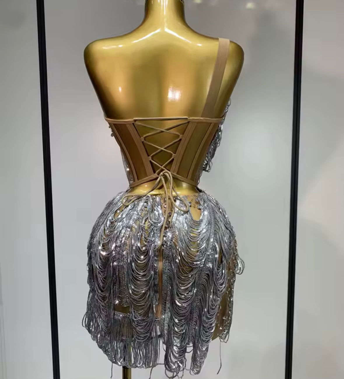 Sexy Silver One Shoulder Chain Rhinestone Dress