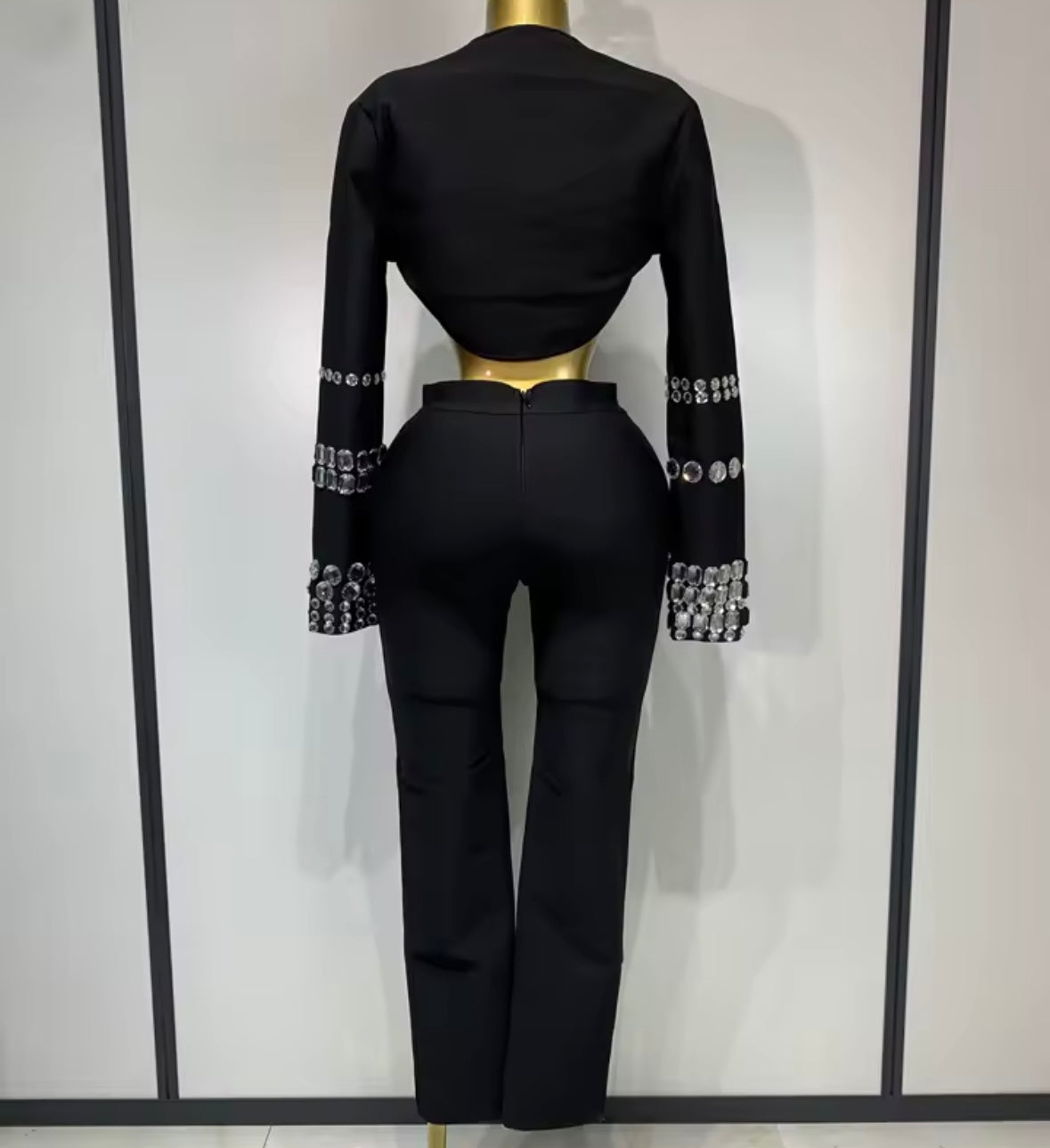 Elegant Black Rhinestone Three Piece Pant Set
