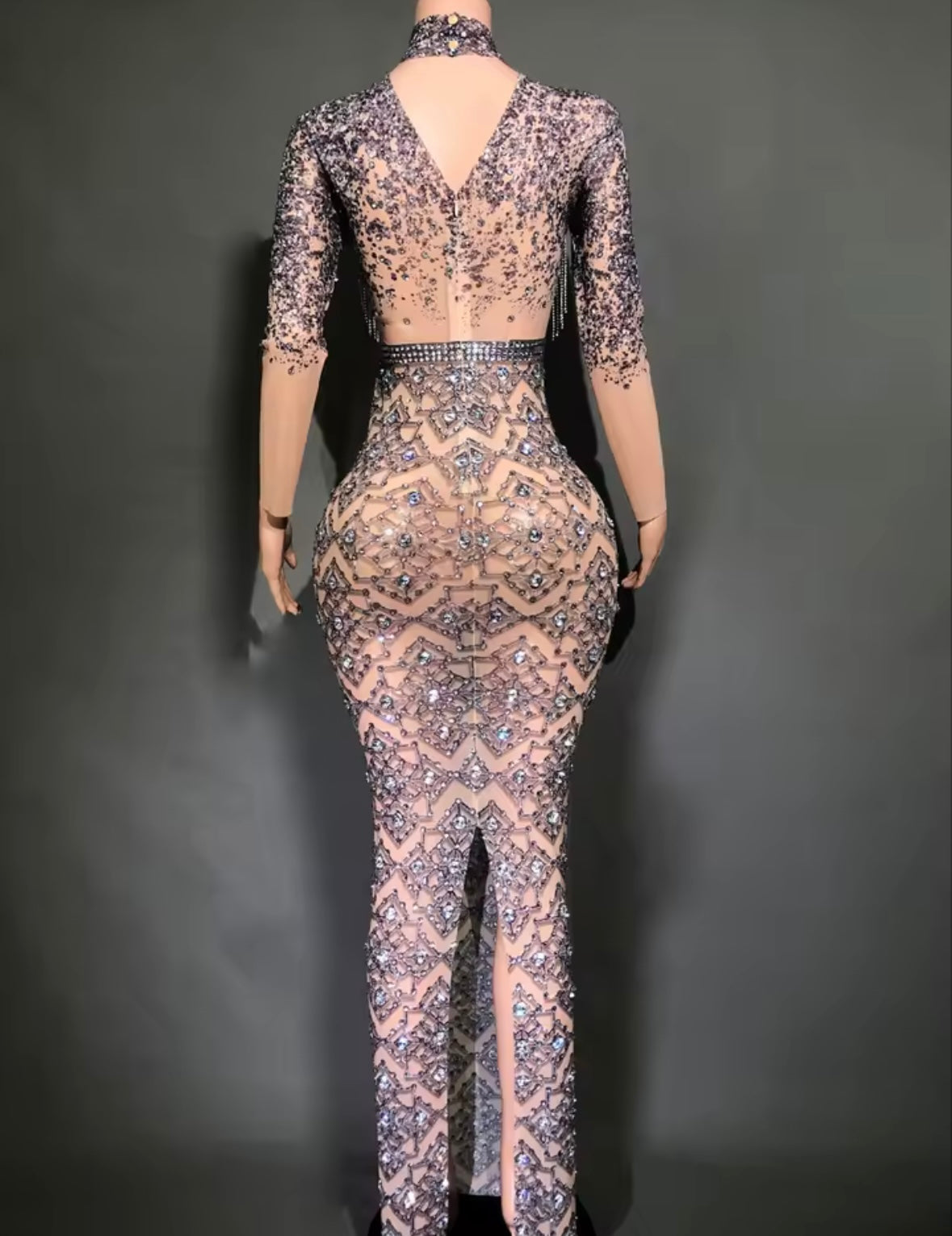 Sexy Rhinestone Tassel Full Sleeve Maxi Dress