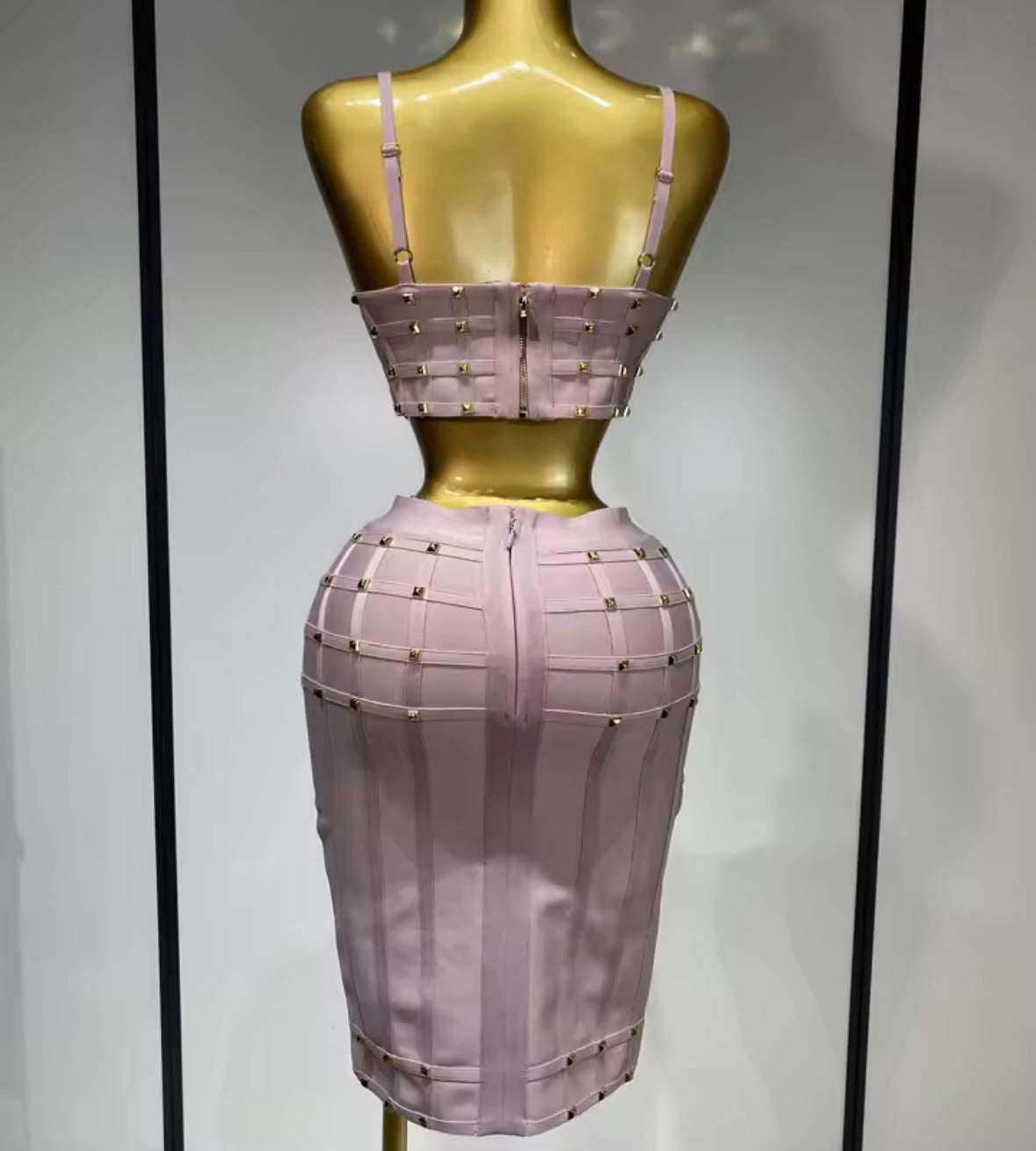 Pink Sleeveless Rivet Sexy Bandage Skirt Set