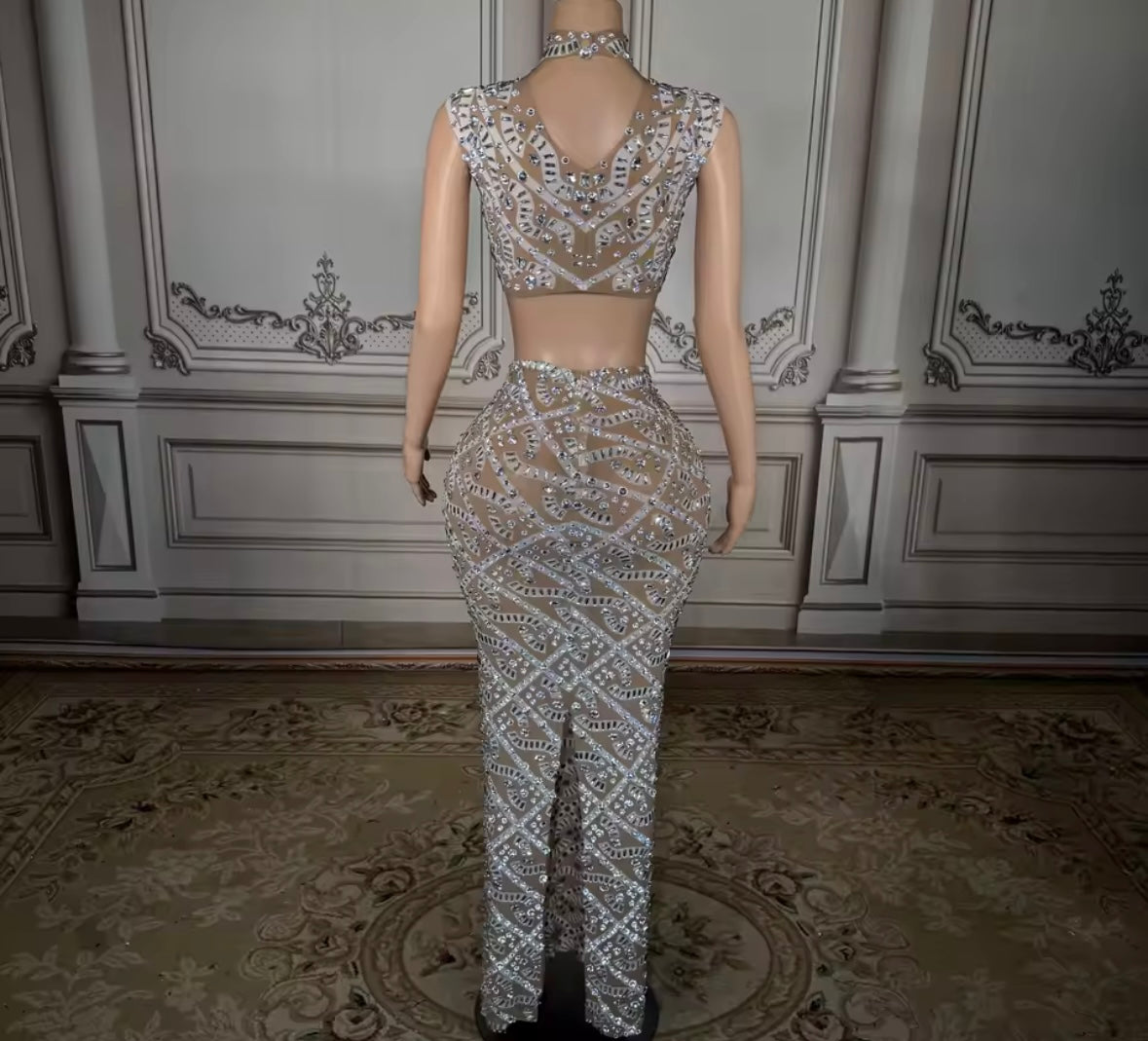 Sexy Sleeveless Rhinestone Crop See Through Maxi Skirt Set