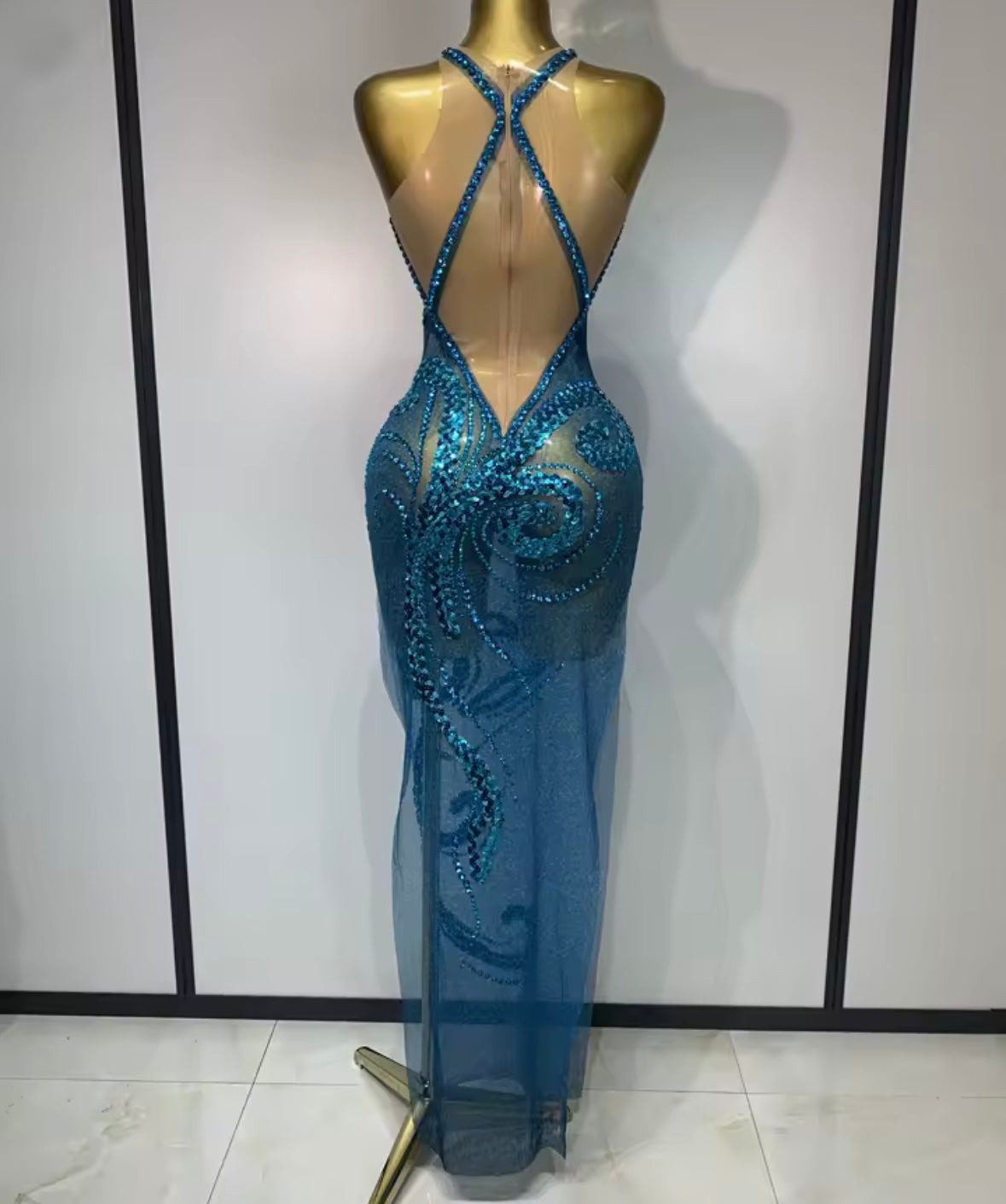 Sleeveless Blue Rhinestone Sequins Mesh Maxi Dress
