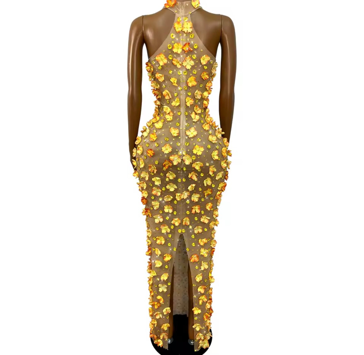 Sexy Sleeveless Floral Rhinestone Maxi Dress