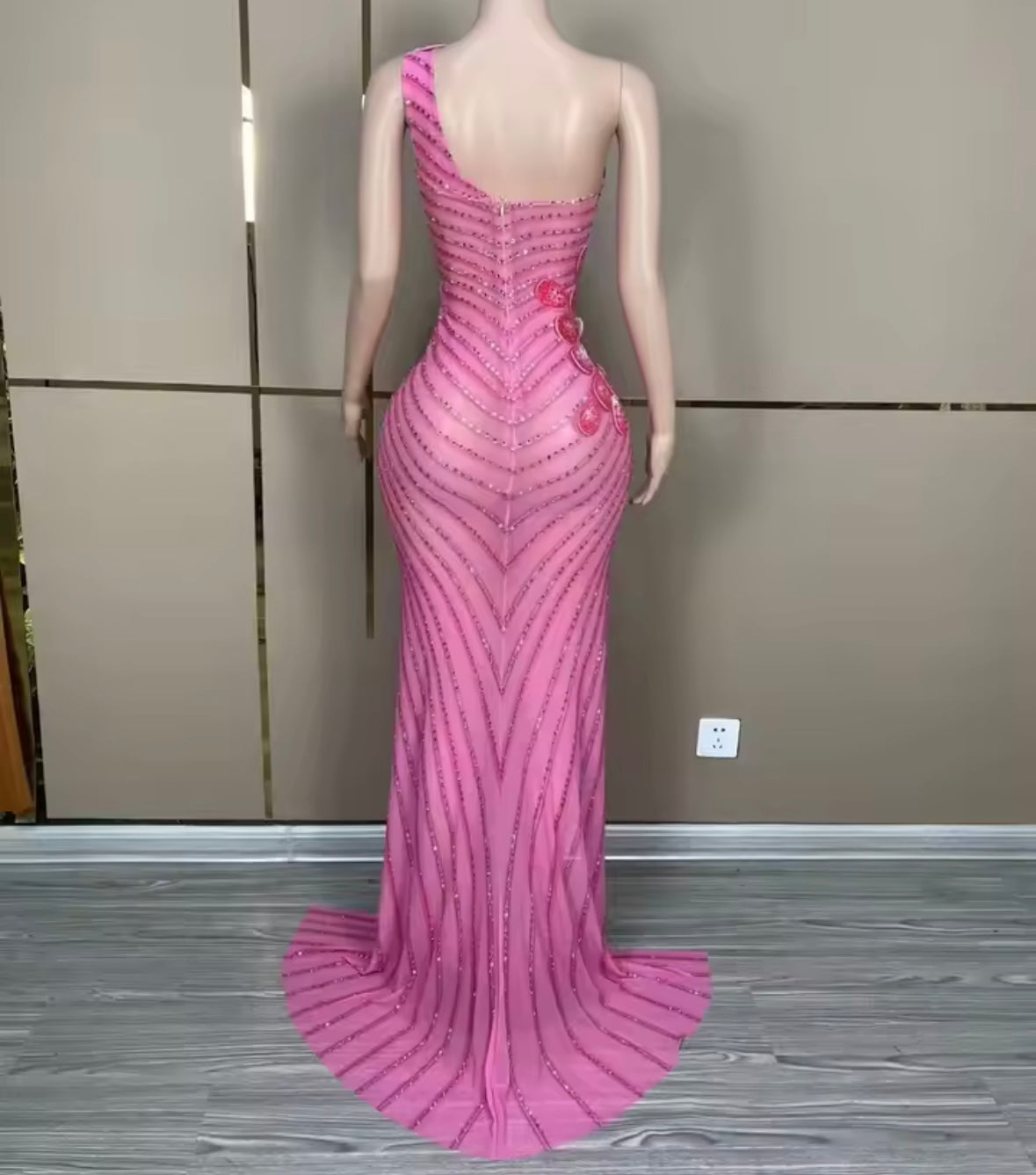 Pink Sexy Sleeveless Floral Rhinestone Floor-Length Dress
