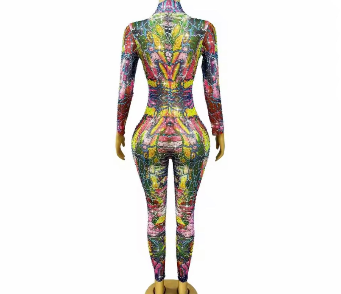 Multicolored Rhinestone Full Sleeve Jumpsuit