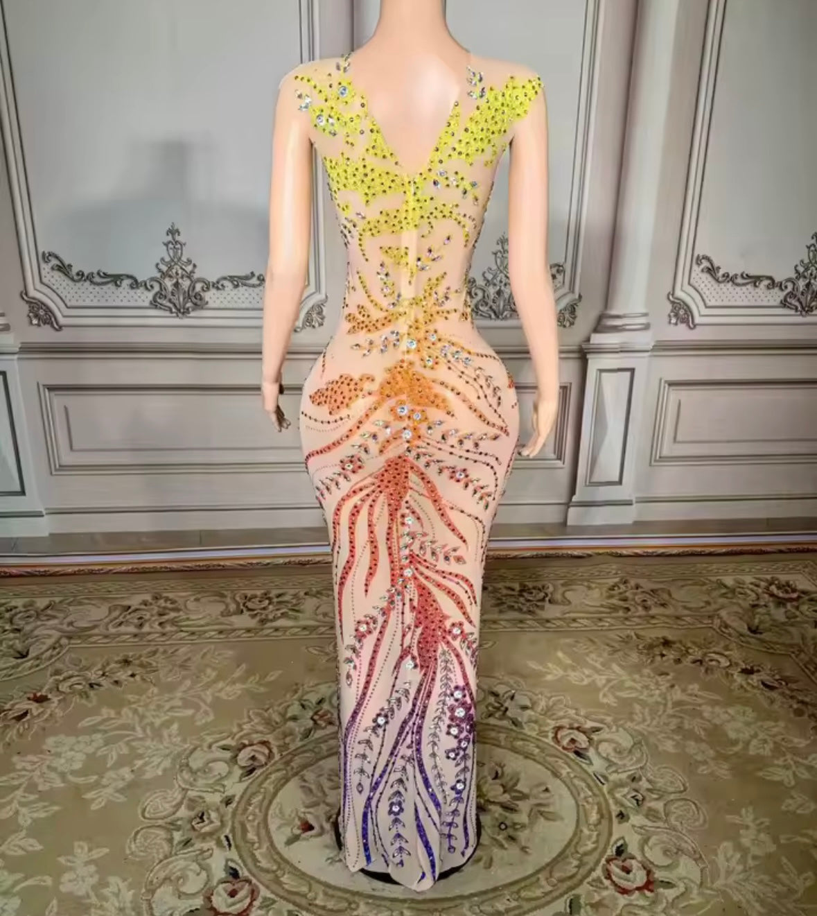 Sexy Sleeveless Multicolored Rhinestone Maxi Dress