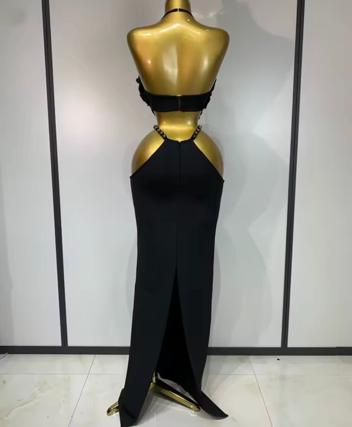 Black Sexy Halter Sleeveless Floral Hollow Out Maxi Dress