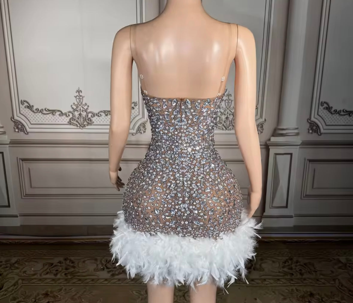 Sexy Sleeveless Rhinestone Feather Dress