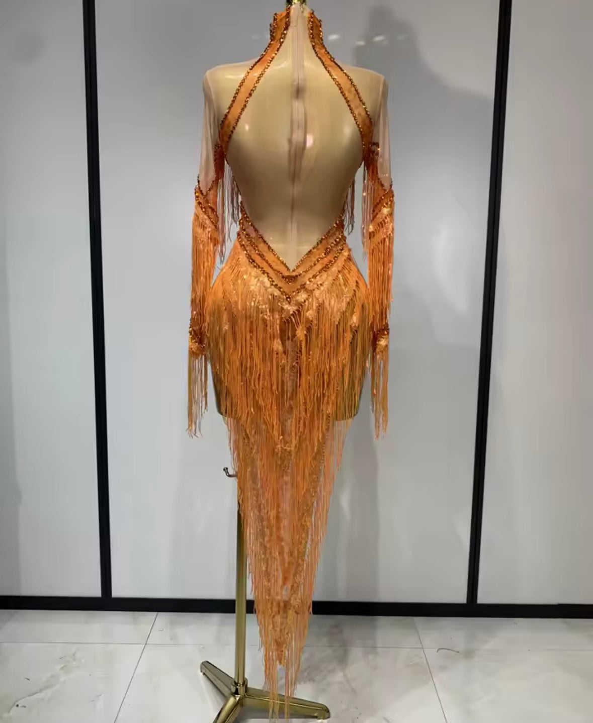 Sexy Orange Rhinestone Fringe Tassel Asymmetrical Dress