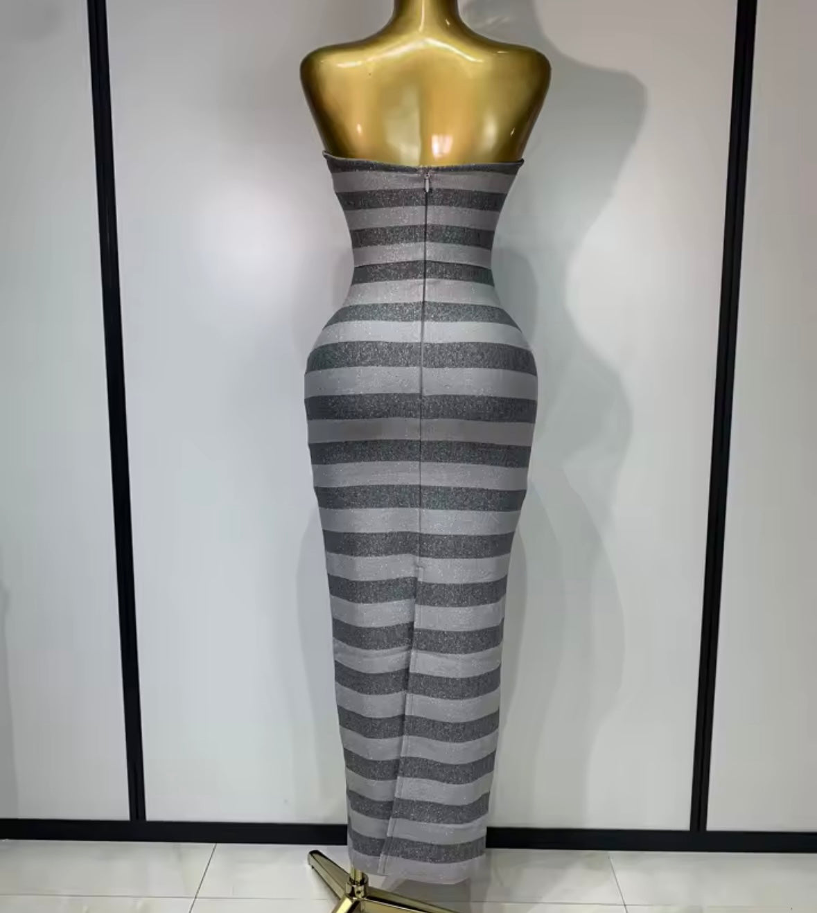 Gray Sexy Strapless Striped Bandage Floor-Length Dress