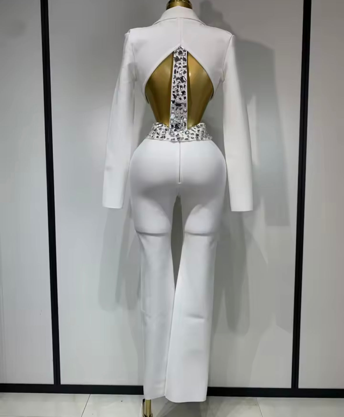 Sexy Crystal Beaded Embellished Band Blazer Two Piece Pant Set