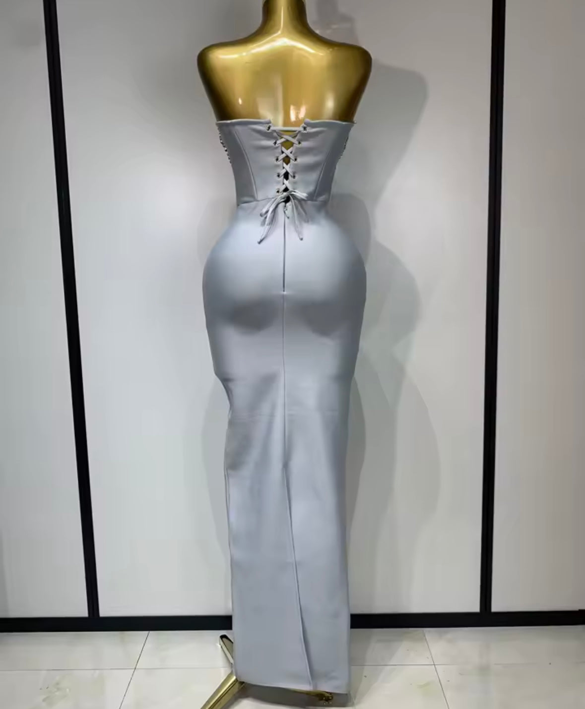 Elegant Light Gray Rhinestone Strapless Corset Maxi Dress