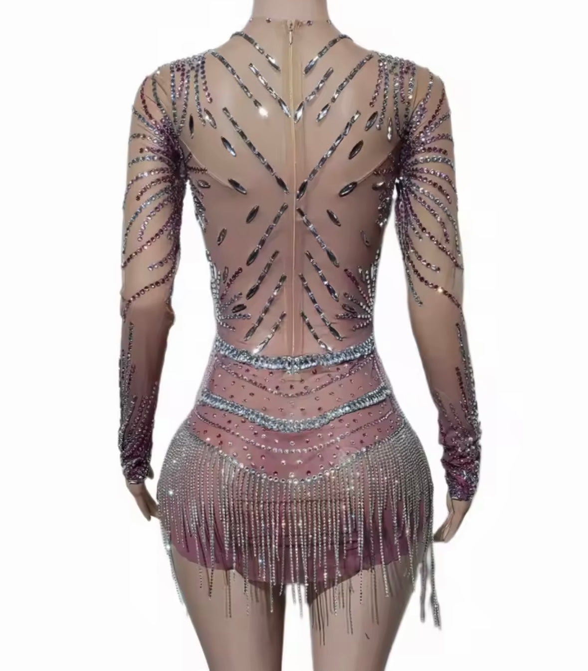 Sexy Multicolored Rhinestone Tassel Full Sleeve Short Dress
