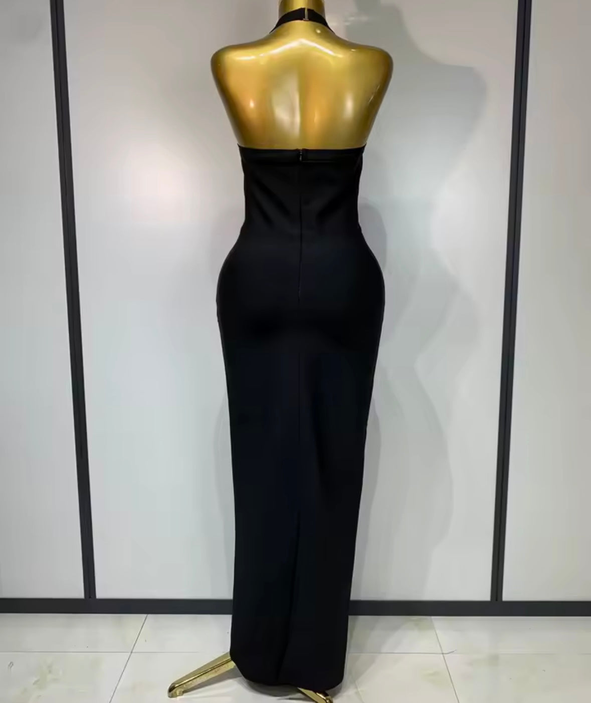 Black Halter Sleeveless Sexy Pearl Embellishment Maxi Dress