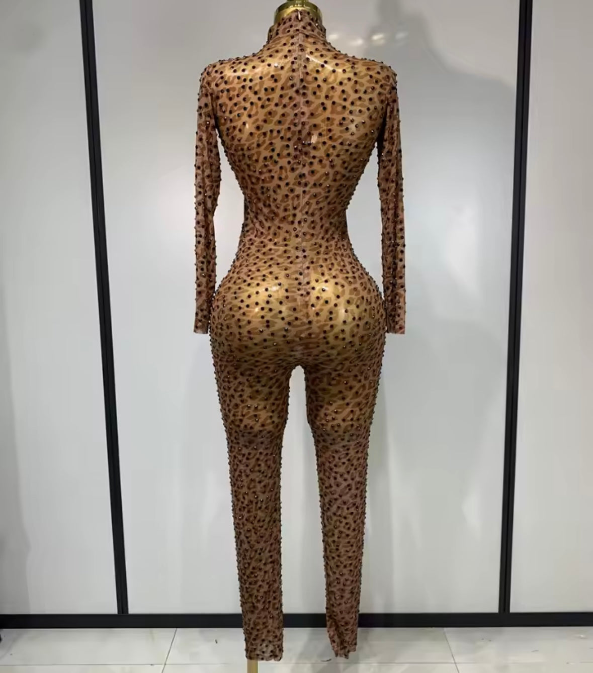 Sexy See Through Leopard Rhinestone Full Sleeve Jumpsuit
