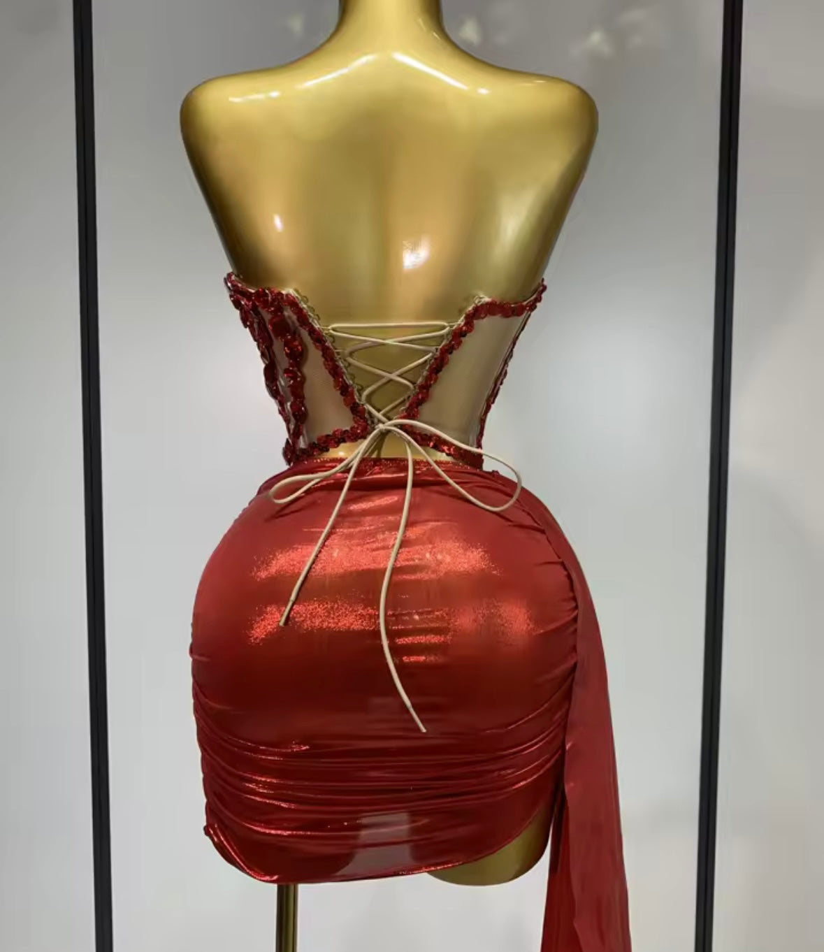 Crystal Strapless Sexy Mesh Corset Two Piece PU Skirt Set