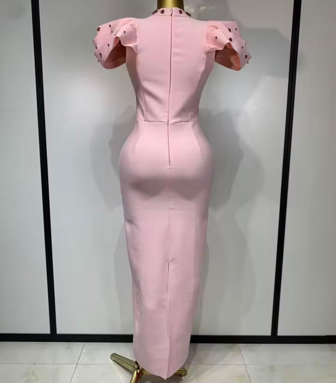 Elegant Floral Crystal Short Sleeve Floor-Length Dress