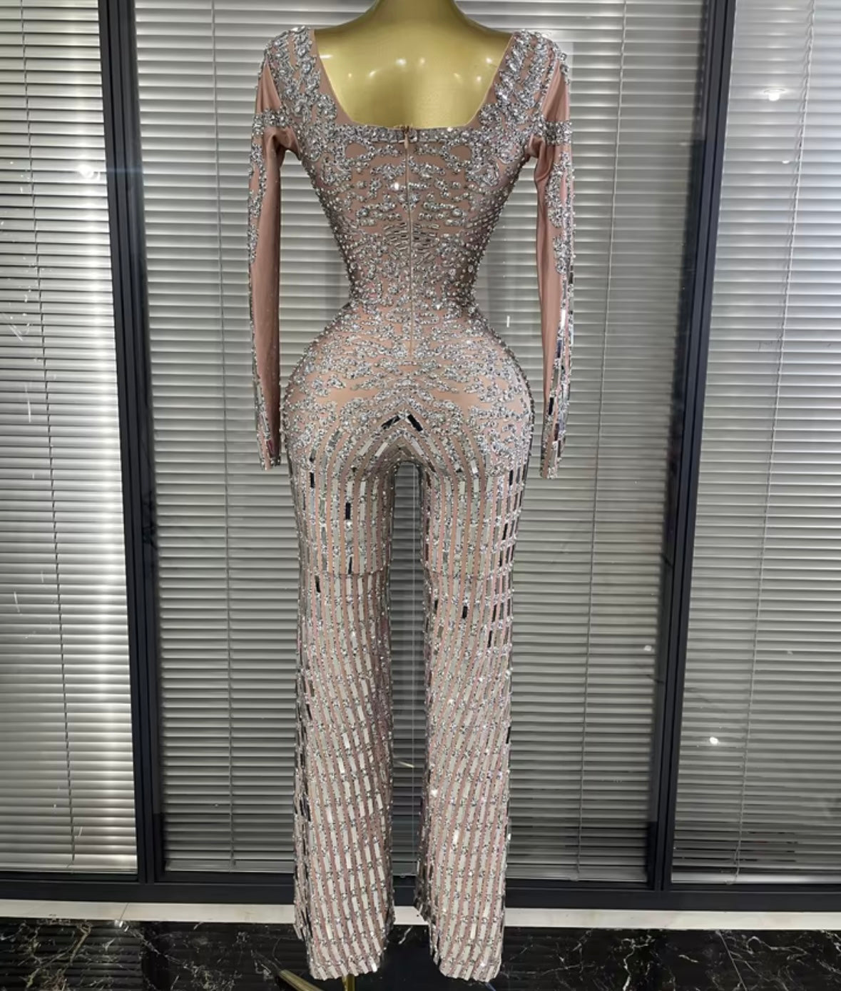 Elegant Rhinestone Mirror Full Sleeve Jumpsuit