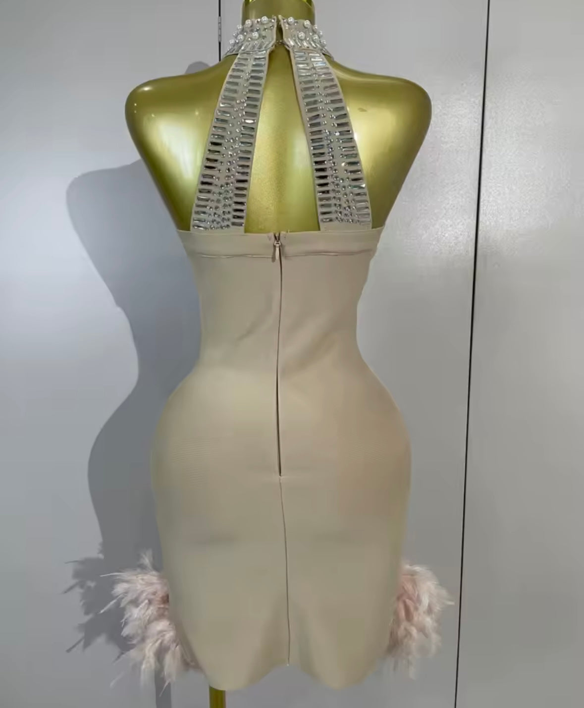 Sexy Halter Sleeveless Rhinestone Pink Feather Dress