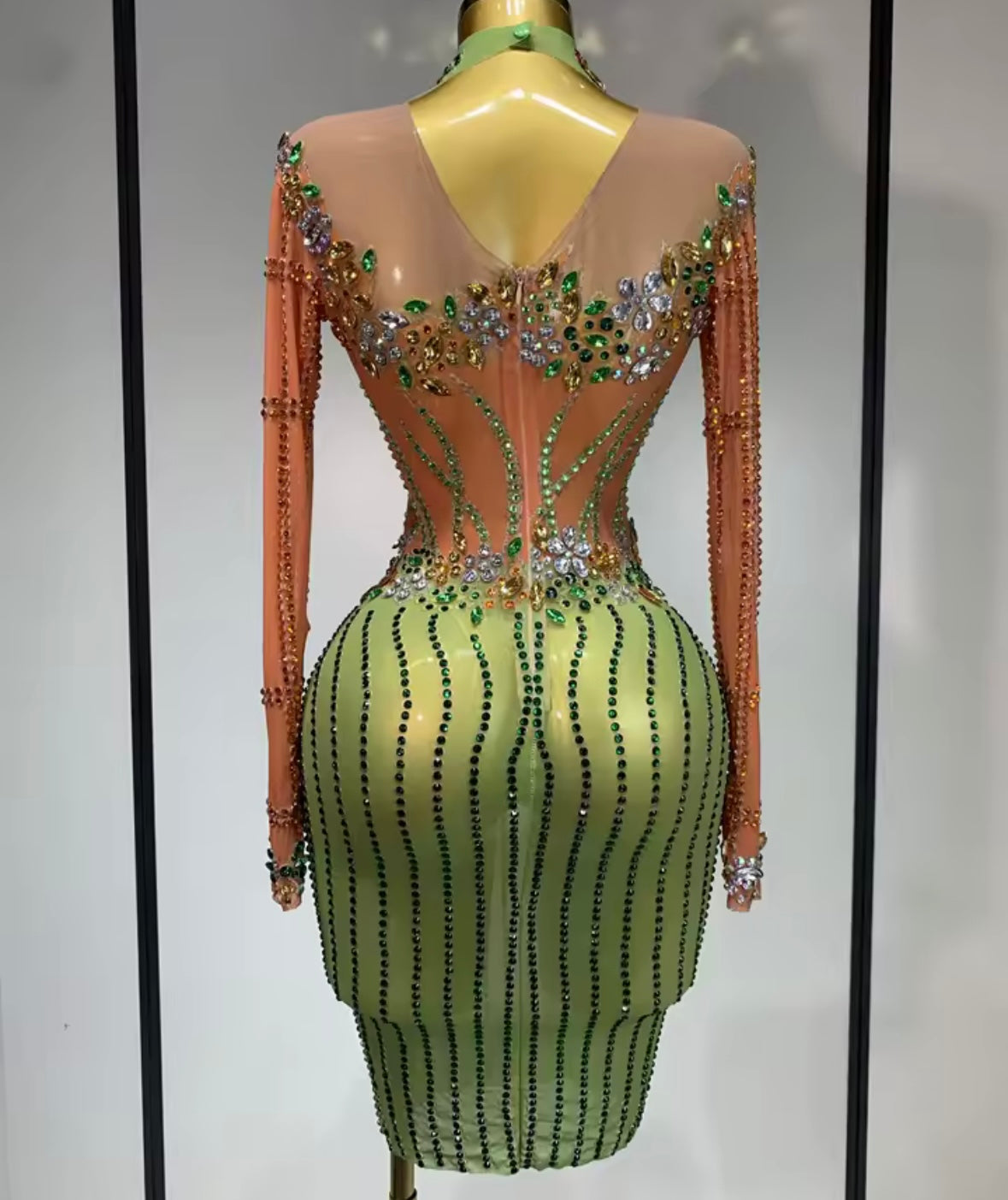 Sexy Color Block Rhinestone Full Sleeve Dress