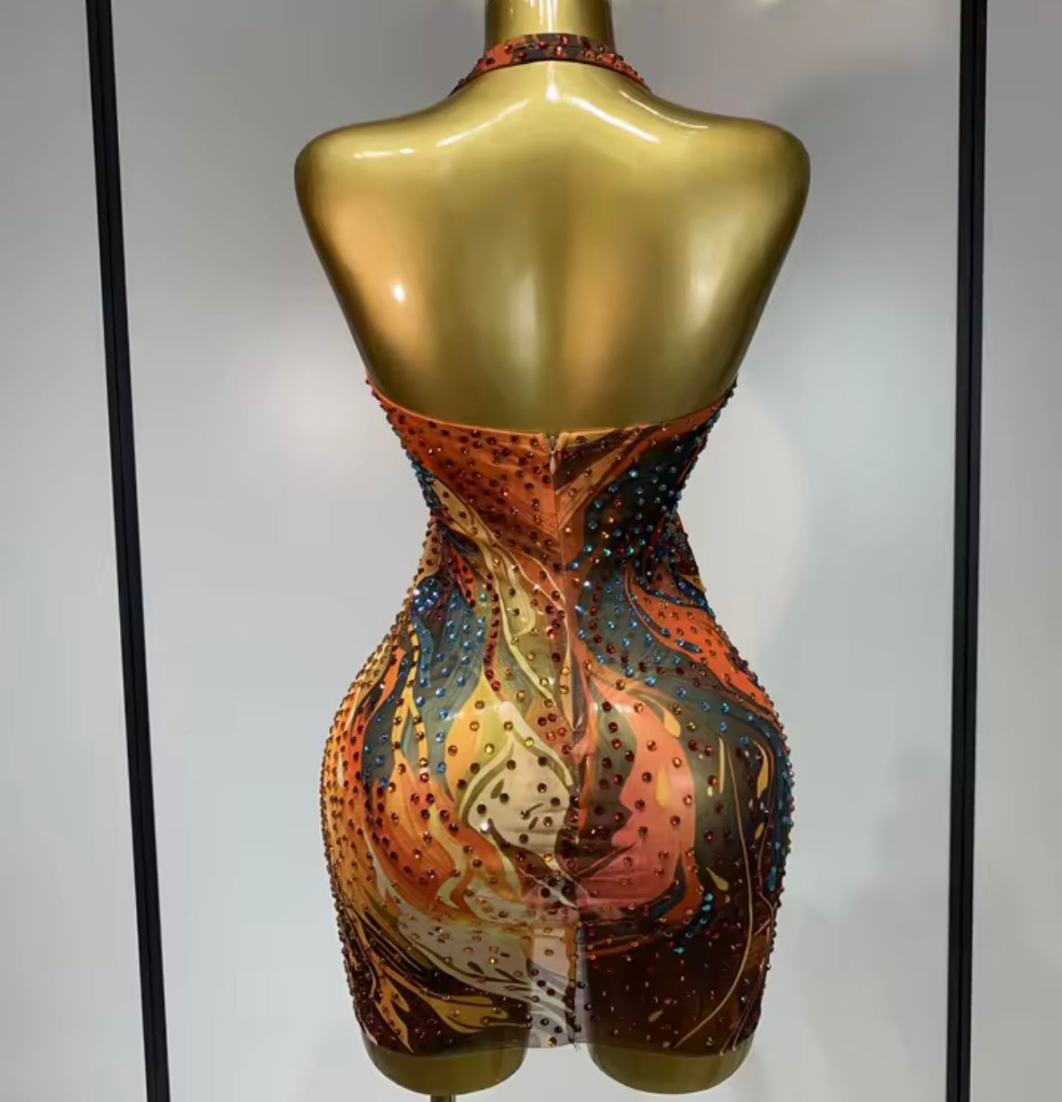 Sexy Halter Sleeveless Multicolored Rhinestone Dress