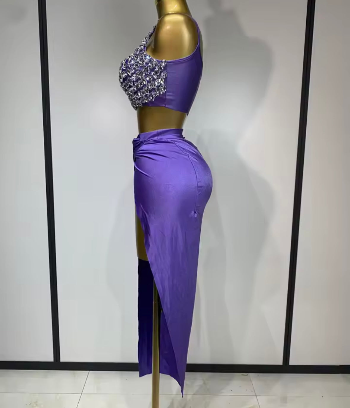 Sexy Rhinestone Sleeveless Maxi Skirt Set