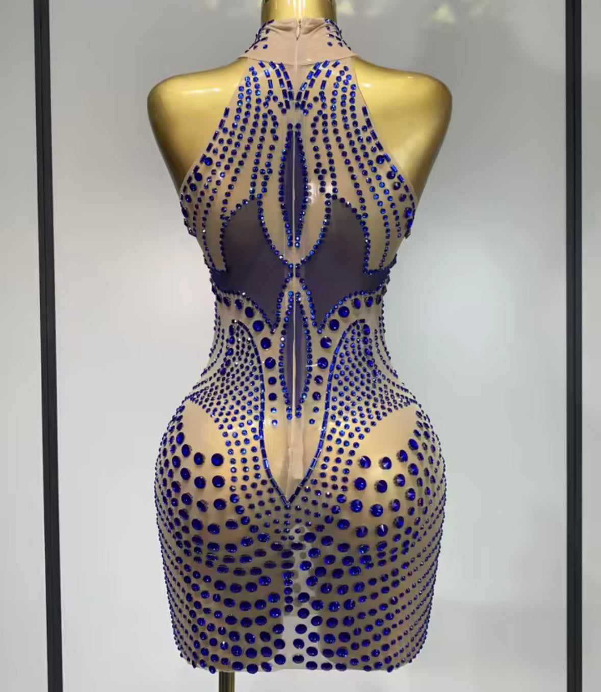 Sexy Sleeveless Blue Crystal See Through Short Dress