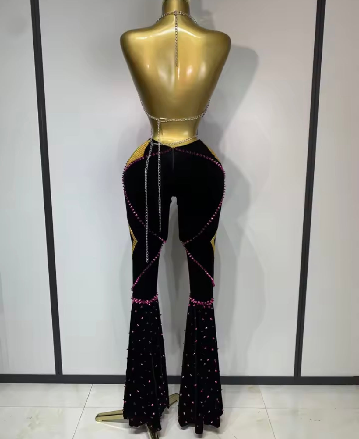 Chain Halter Sleeveless Heart Rhinestone Two Piece Pant Set